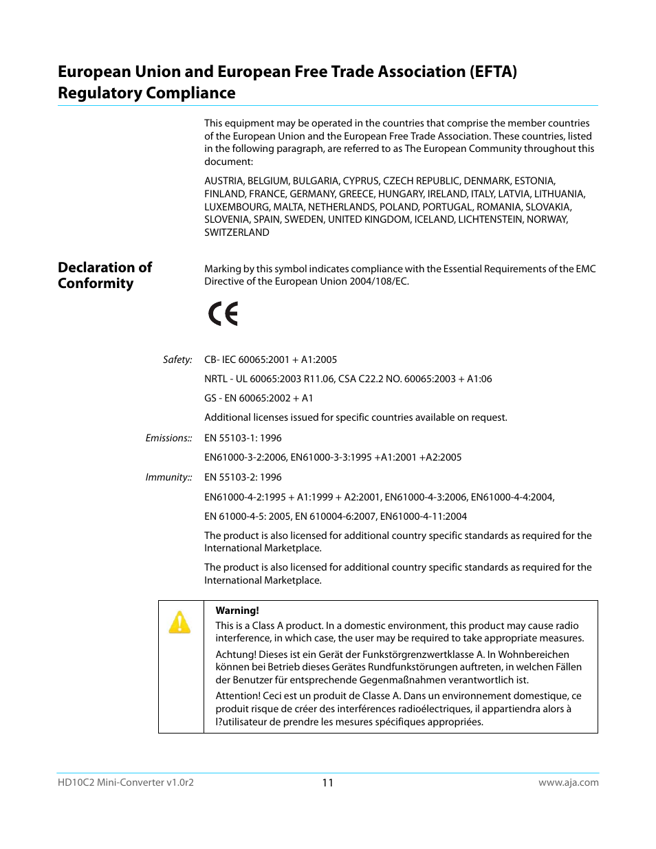Declaration of conformity, Regulatory compliance | AJA HD10C2 User Manual | Page 11 / 20