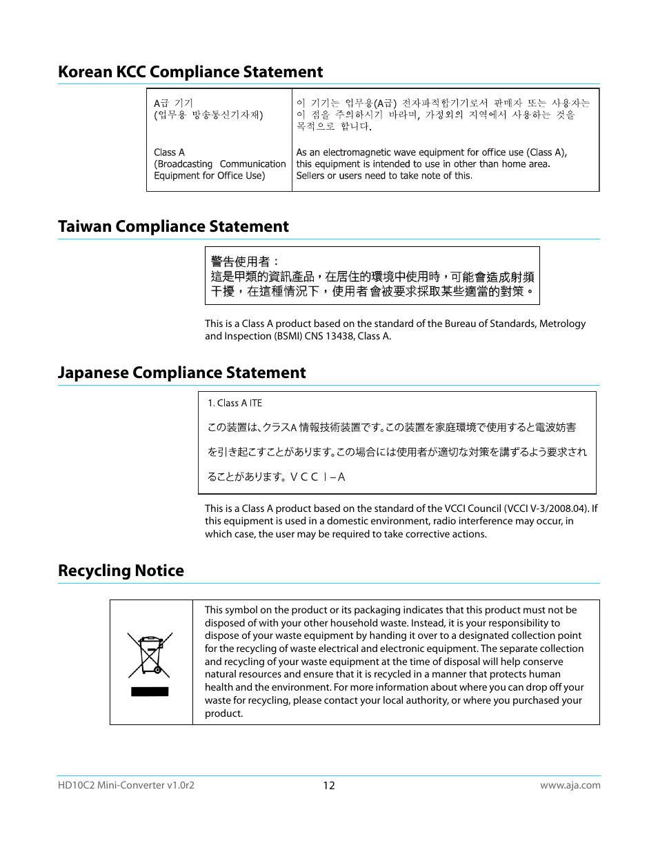 Korean kcc compliance statement, Taiwan compliance statement, Japanese compliance statement | Recycling notice | AJA HD10C2 User Manual | Page 12 / 20