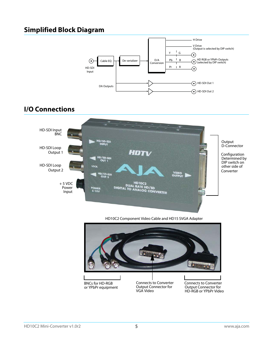 Simplified block diagram, I/o connections, Simplified block diagram i/o connections | AJA HD10C2 User Manual | Page 5 / 20
