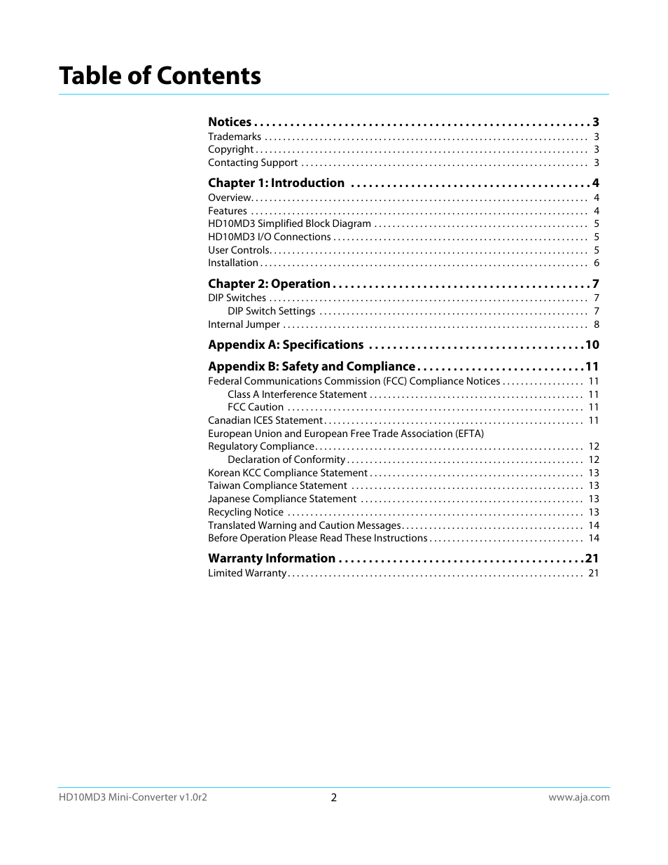 AJA HD10MD3 User Manual | Page 2 / 21
