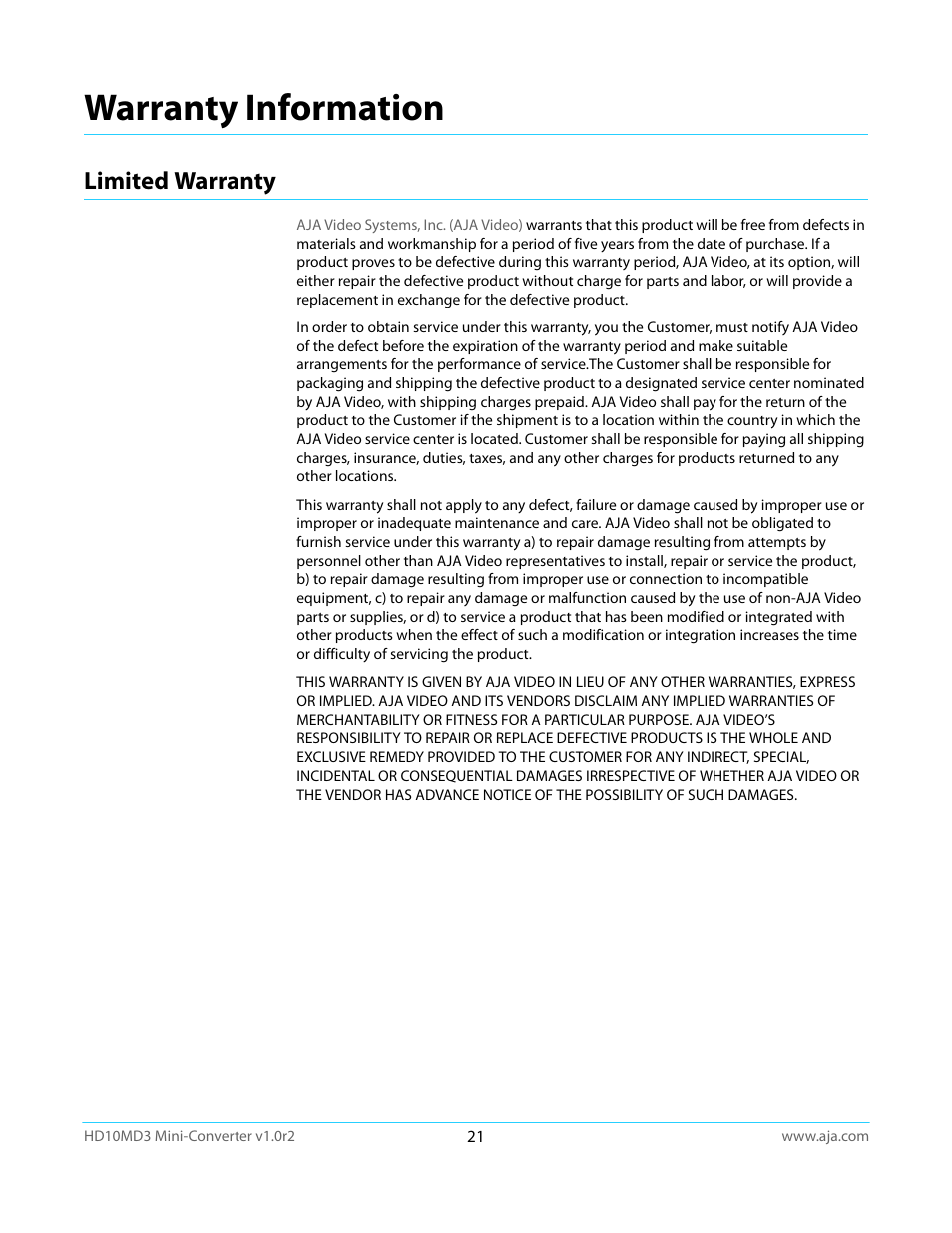 Warranty information, Limited warranty | AJA HD10MD3 User Manual | Page 21 / 21