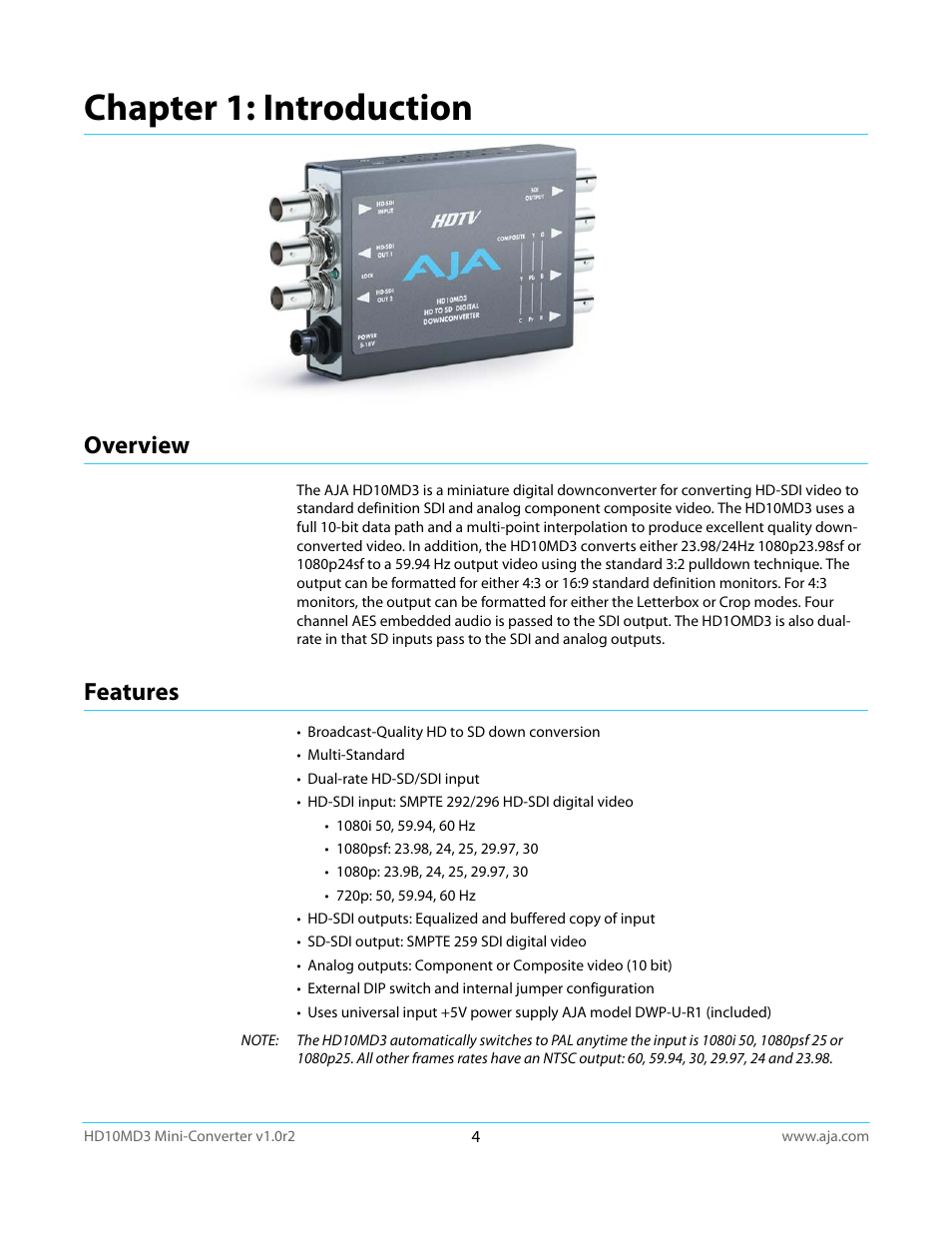 Chapter 1: introduction, Overview, Features | Overview features | AJA HD10MD3 User Manual | Page 4 / 21