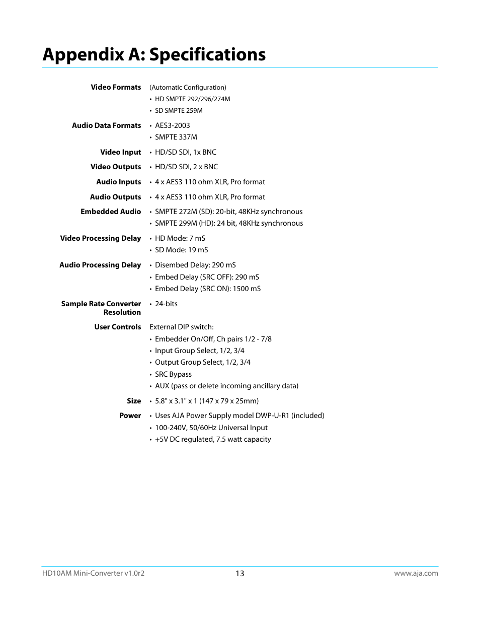 Appendix a: specifications | AJA HD10AM User Manual | Page 13 / 24