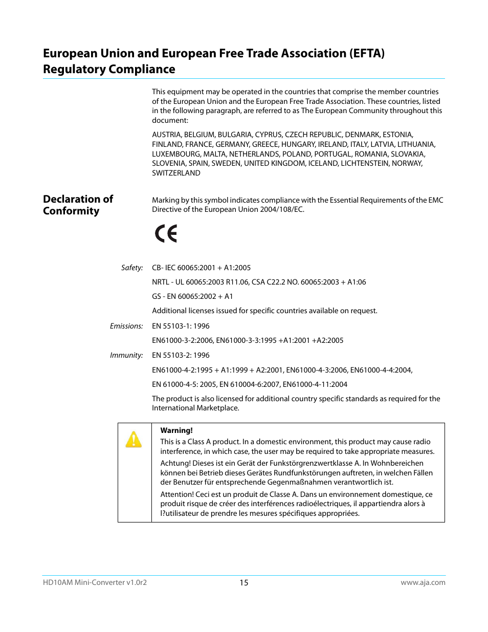 Declaration of conformity, Regulatory compliance | AJA HD10AM User Manual | Page 15 / 24