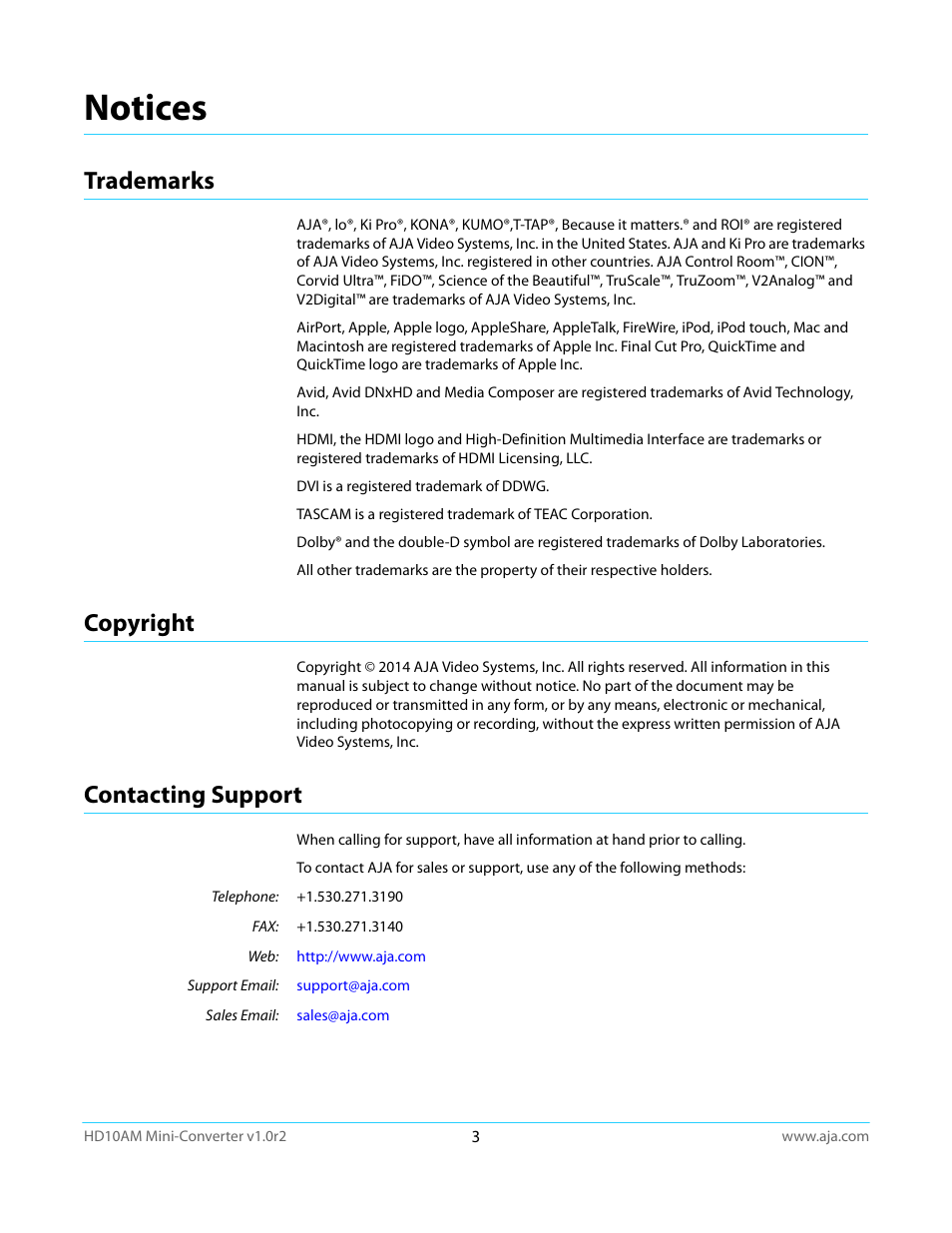 Notices, Trademarks, Copyright | Contacting support, Trademarks copyright contacting support | AJA HD10AM User Manual | Page 3 / 24