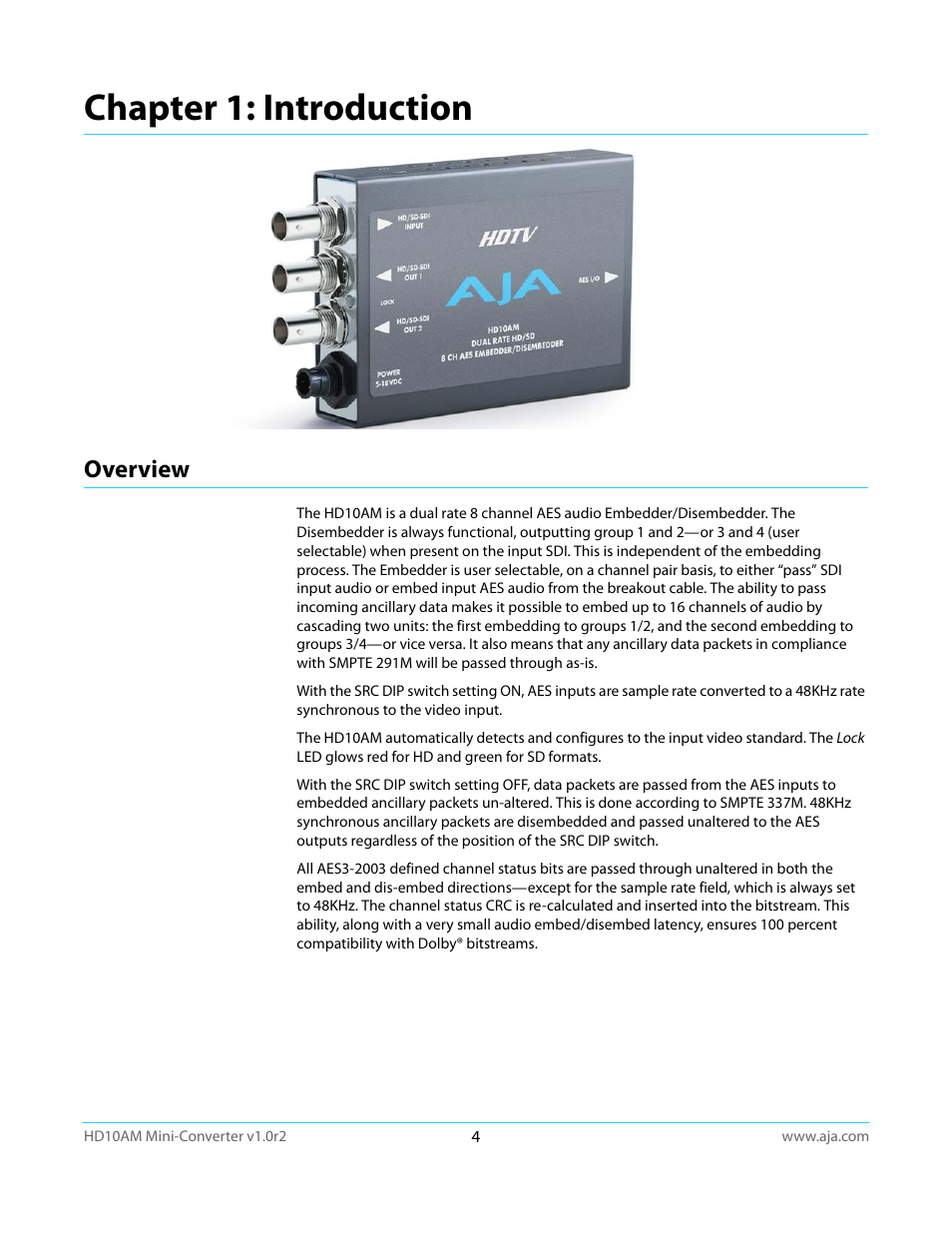 Chapter 1: introduction, Overview | AJA HD10AM User Manual | Page 4 / 24
