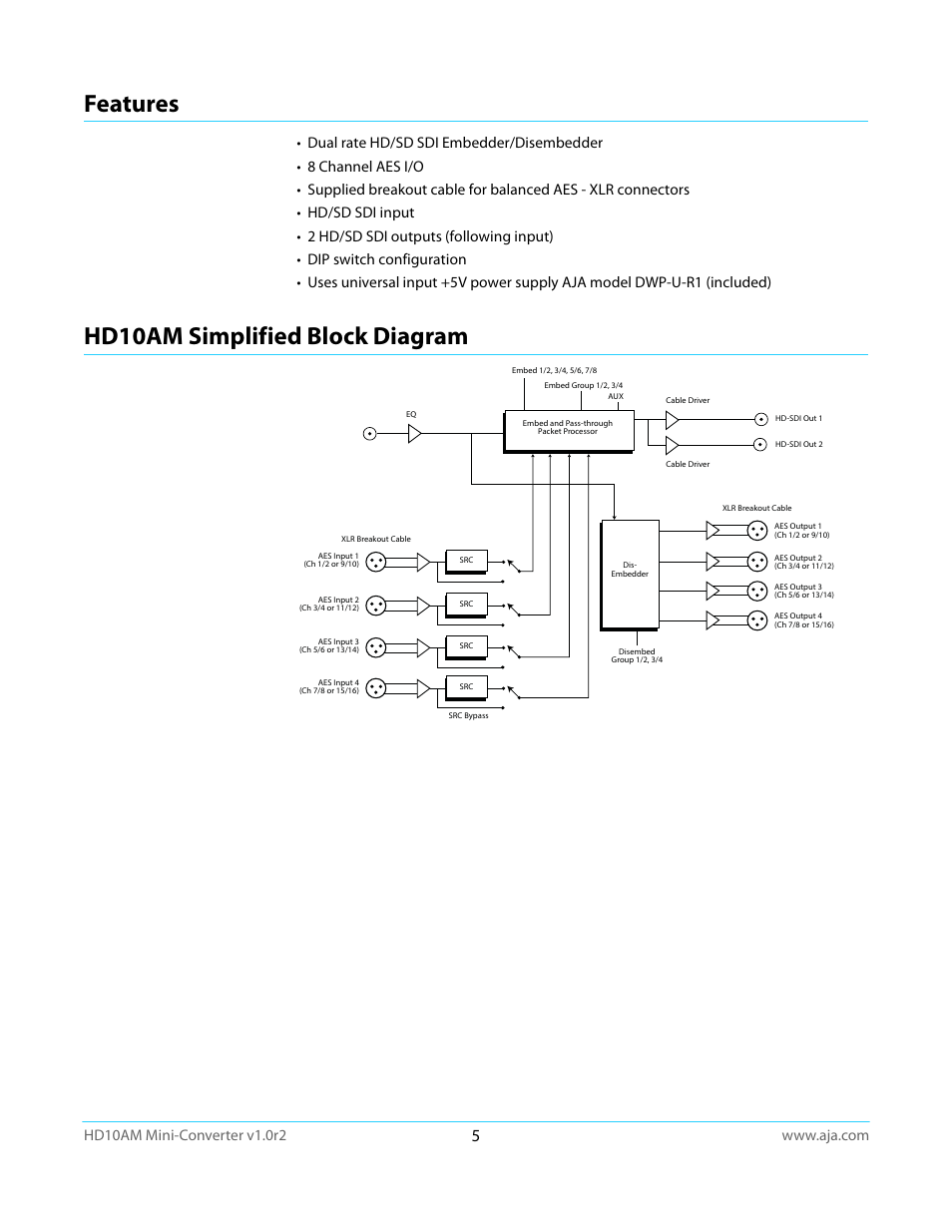 Features, Hd10am simplified block diagram, Features hd10am simplified block diagram | AJA HD10AM User Manual | Page 5 / 24