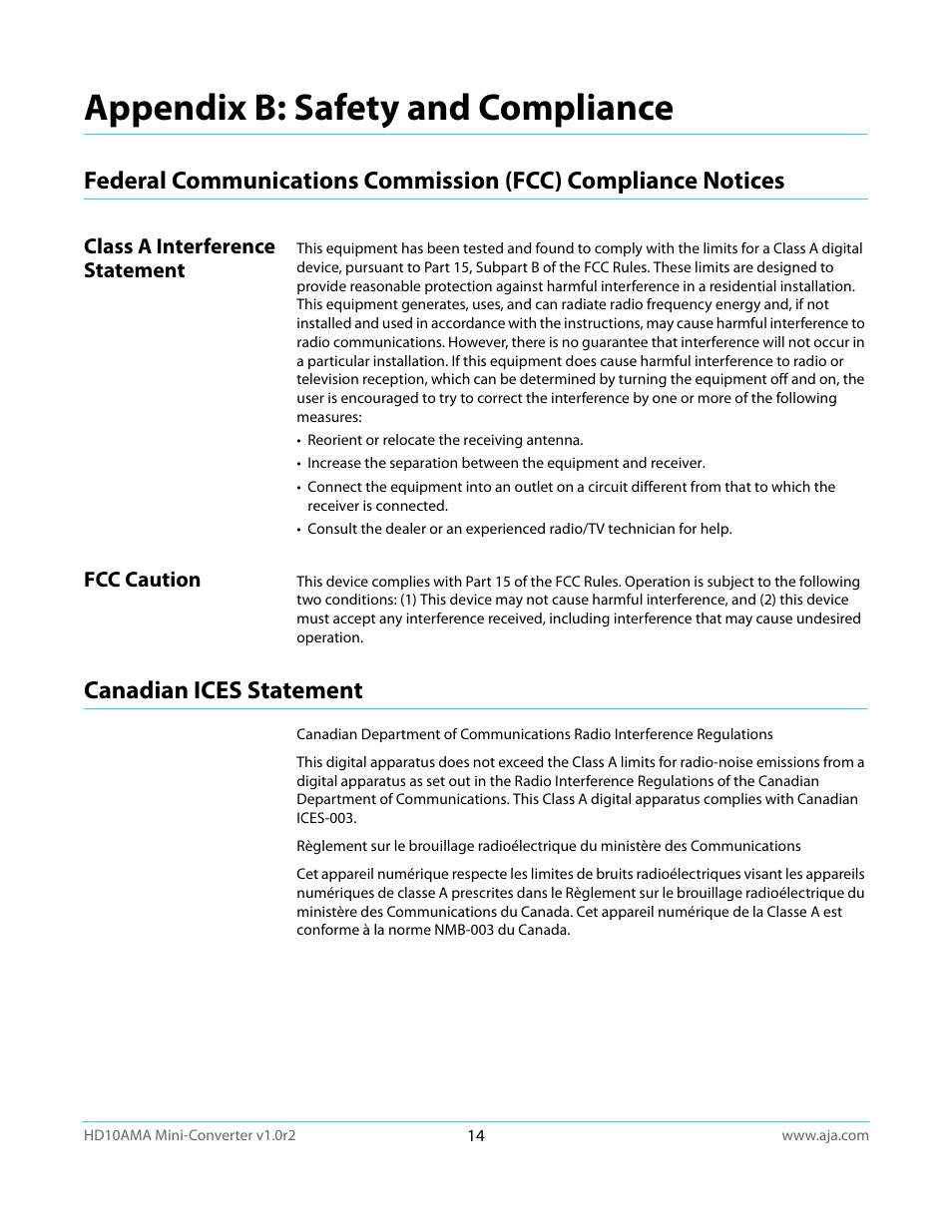 Appendix b: safety and compliance, Class a interference statement, Fcc caution | Canadian ices statement, Class a interference statement fcc caution | AJA HD10AMA User Manual | Page 14 / 24