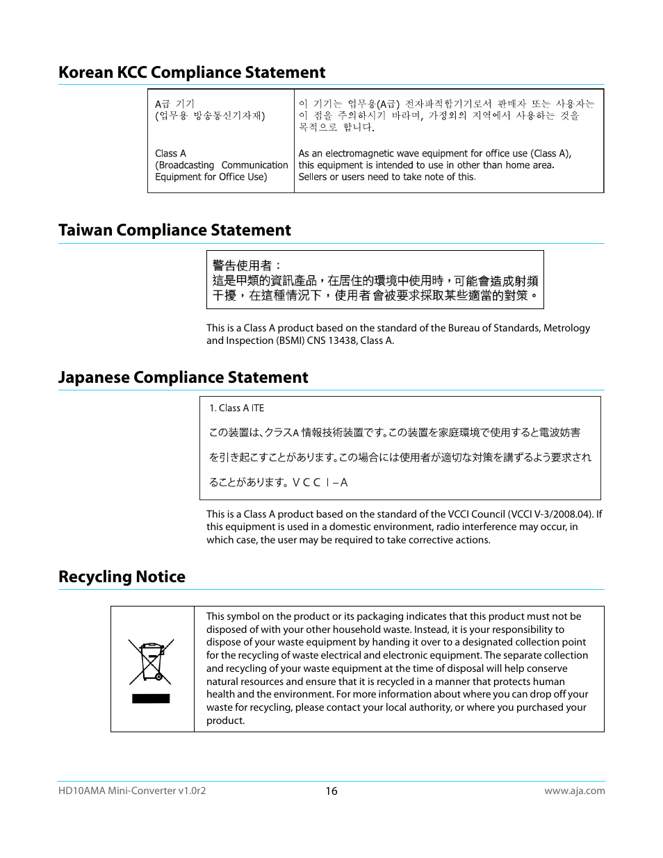 Korean kcc compliance statement, Taiwan compliance statement, Japanese compliance statement | Recycling notice | AJA HD10AMA User Manual | Page 16 / 24