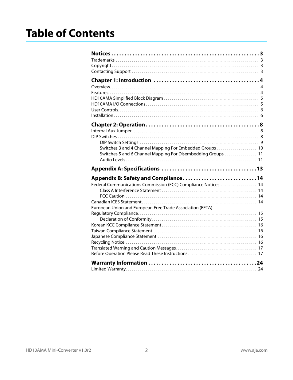 AJA HD10AMA User Manual | Page 2 / 24