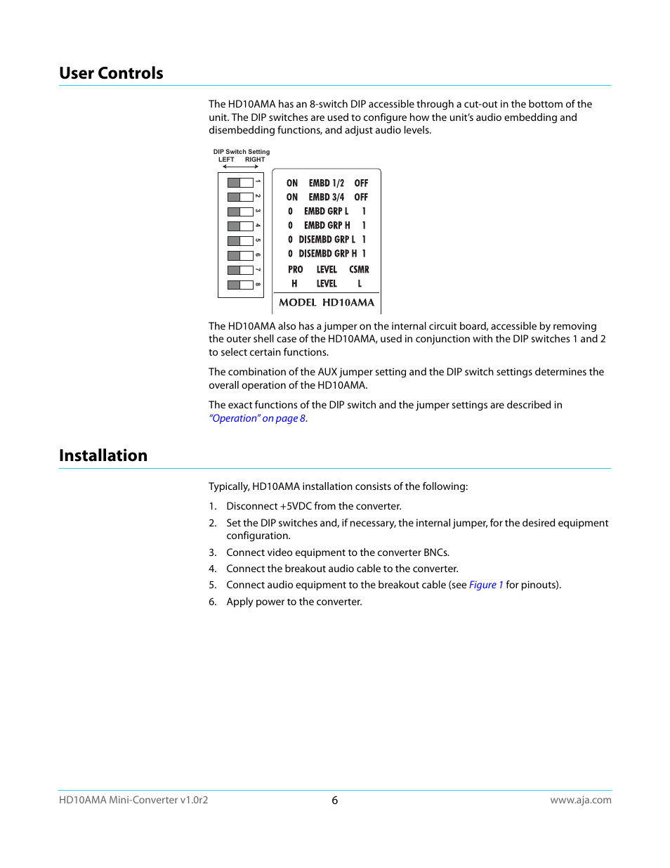 User controls, Installation, User controls installation | AJA HD10AMA User Manual | Page 6 / 24