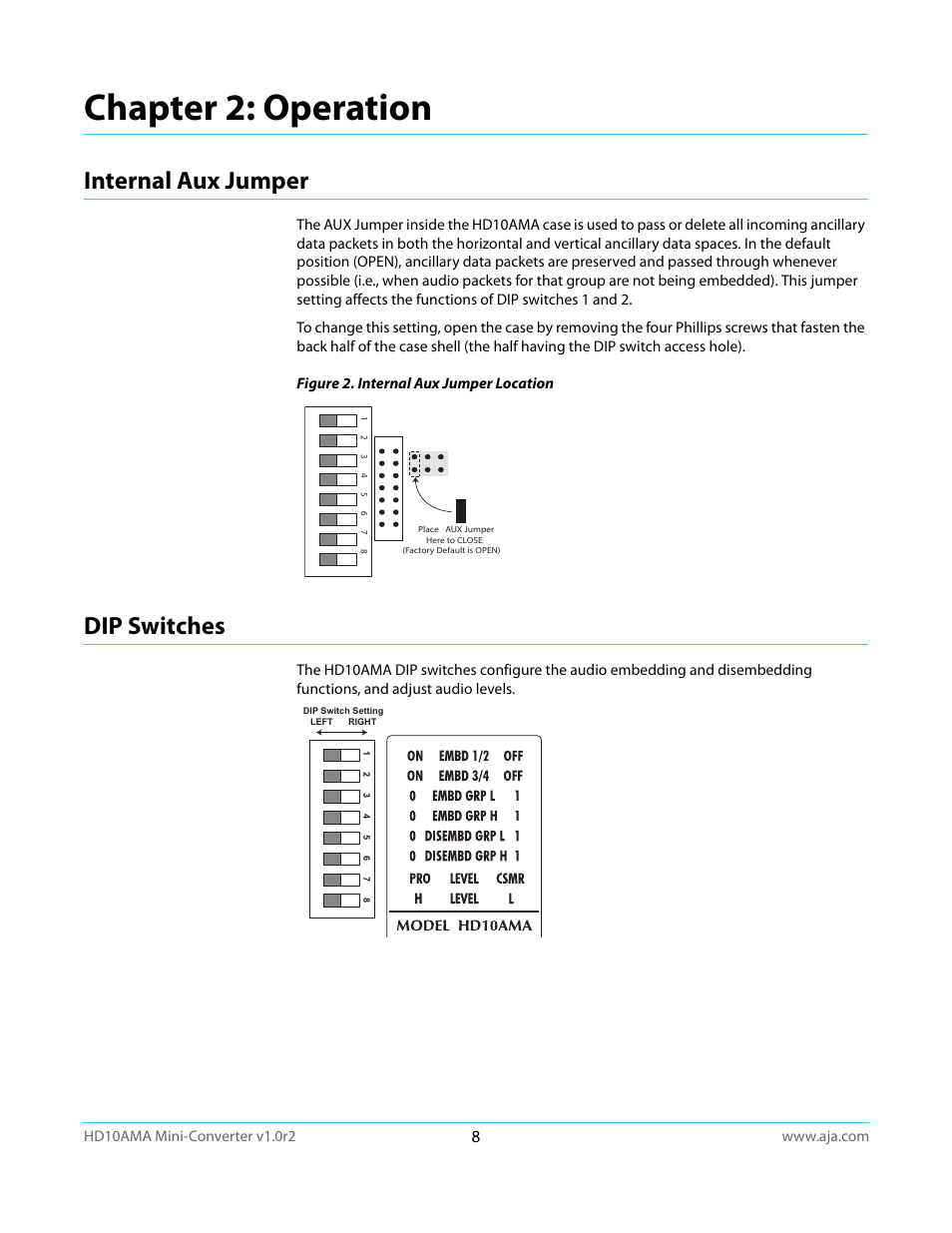 Chapter 2: operation, Internal aux jumper, Dip switches | Internal aux jumper dip switches | AJA HD10AMA User Manual | Page 8 / 24