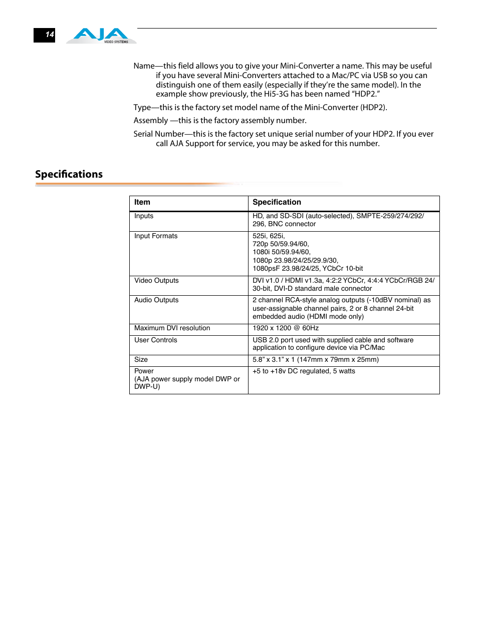 Specifications | AJA HDP2 User Manual | Page 14 / 20