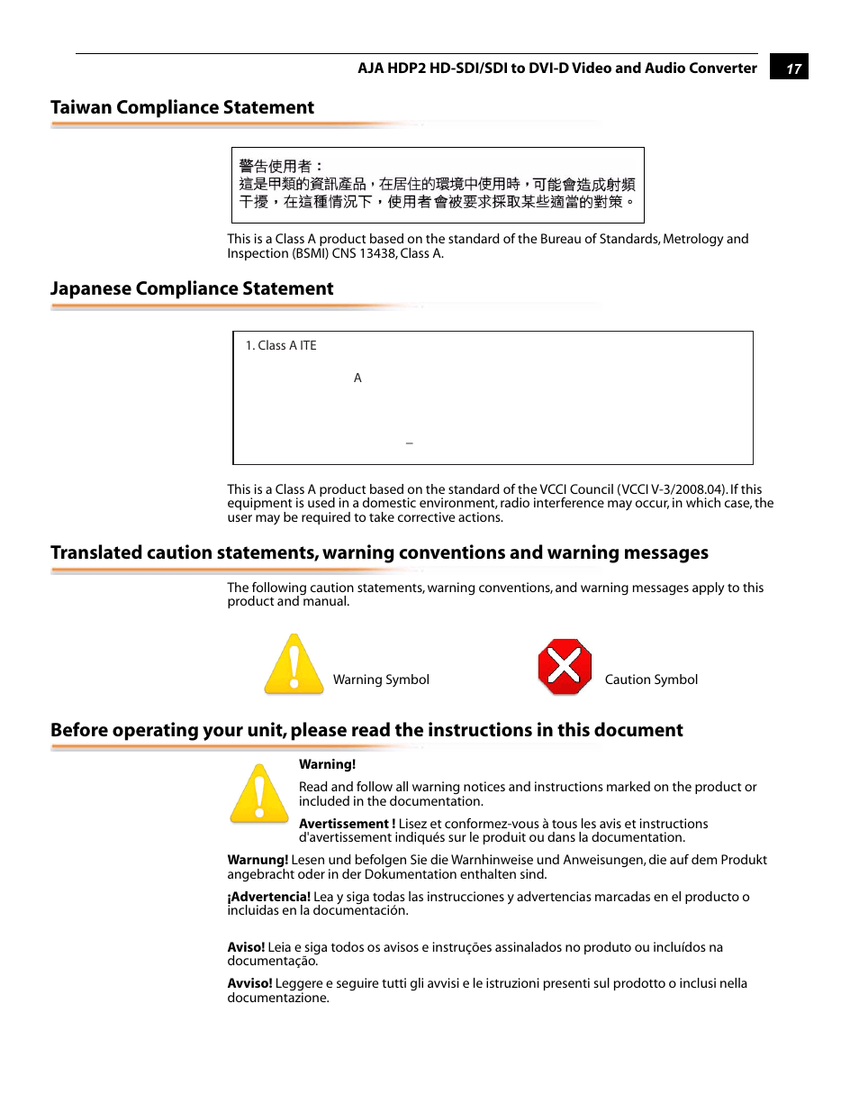 Taiwan compliance statement, Japanese compliance statement | AJA HDP2 User Manual | Page 17 / 20