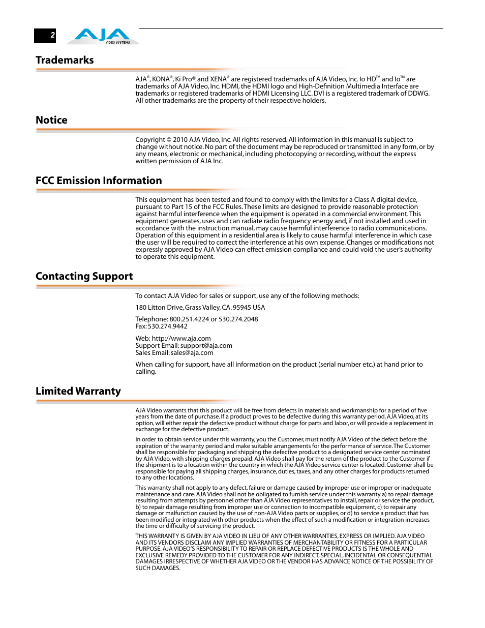 Trademarks, Notice, Fcc emission information | Contacting support, Limited warranty | AJA HDP2 User Manual | Page 2 / 20