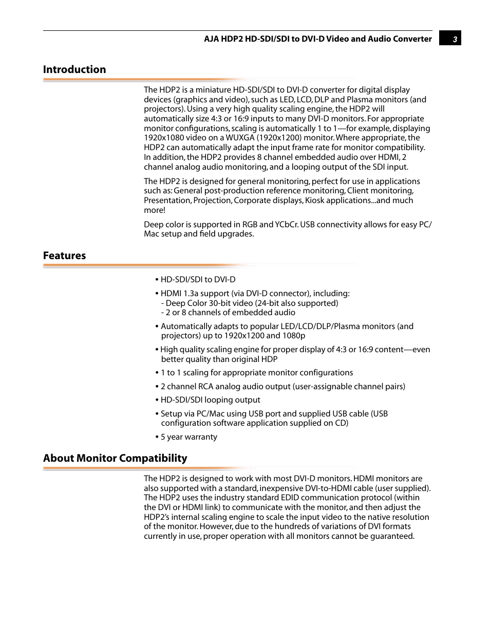 Introduction, Features, About monitor compatibility | AJA HDP2 User Manual | Page 3 / 20