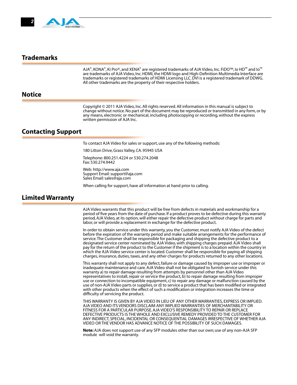 Trademarks, Notice, Contacting support | Limited warranty | AJA FiDO User Manual | Page 2 / 18