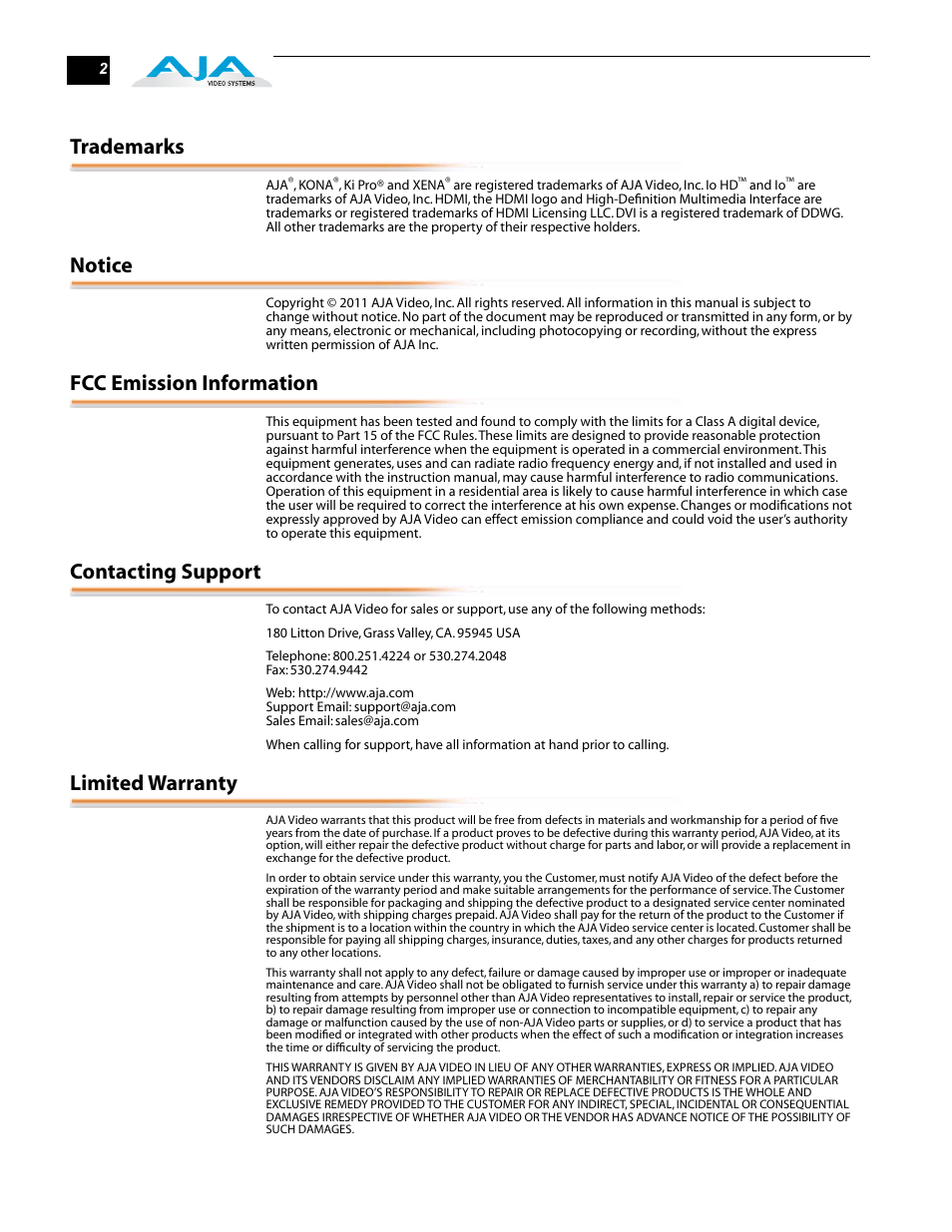 Trademarks, Notice, Fcc emission information | Contacting support, Limited warranty | AJA D5PSW User Manual | Page 2 / 4