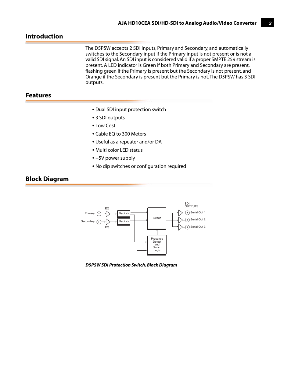 Introduction, Features, Block diagram | AJA D5PSW User Manual | Page 3 / 4