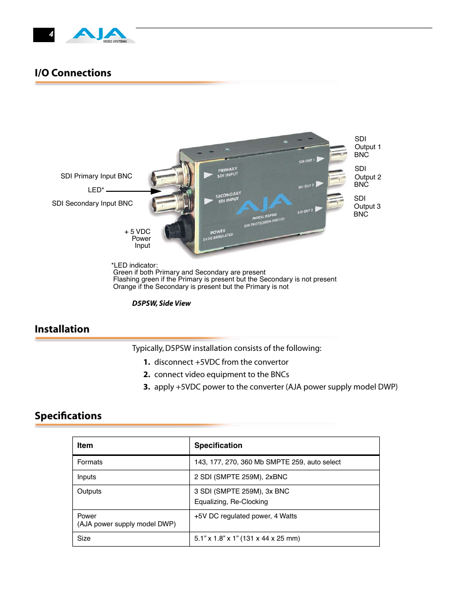 I/o connections, Installation, Specifications | AJA D5PSW User Manual | Page 4 / 4