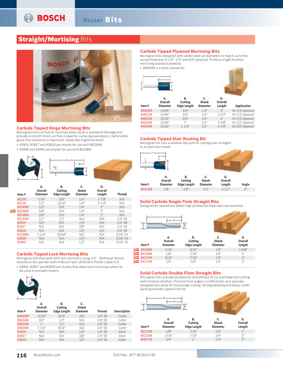 Bits, Straight/mortising bits, Router | Carbide tipped hinge mortising bits, Carbide tipped lock mortising bits, Carbide tipped plywood mortising bits, Carbide tipped stair routing bit, Solid carbide single flute straight bits, Solid carbide double flute straight bits | Bosch PR20EVSK User Manual | Page 12 / 34