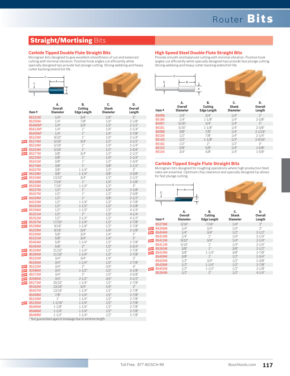 Bits, Router, Straight/mortising bits | Carbide tipped double flute straight bits, High speed steel double flute straight bits, Carbide tipped single flute straight bits | Bosch PR20EVSK User Manual | Page 13 / 34