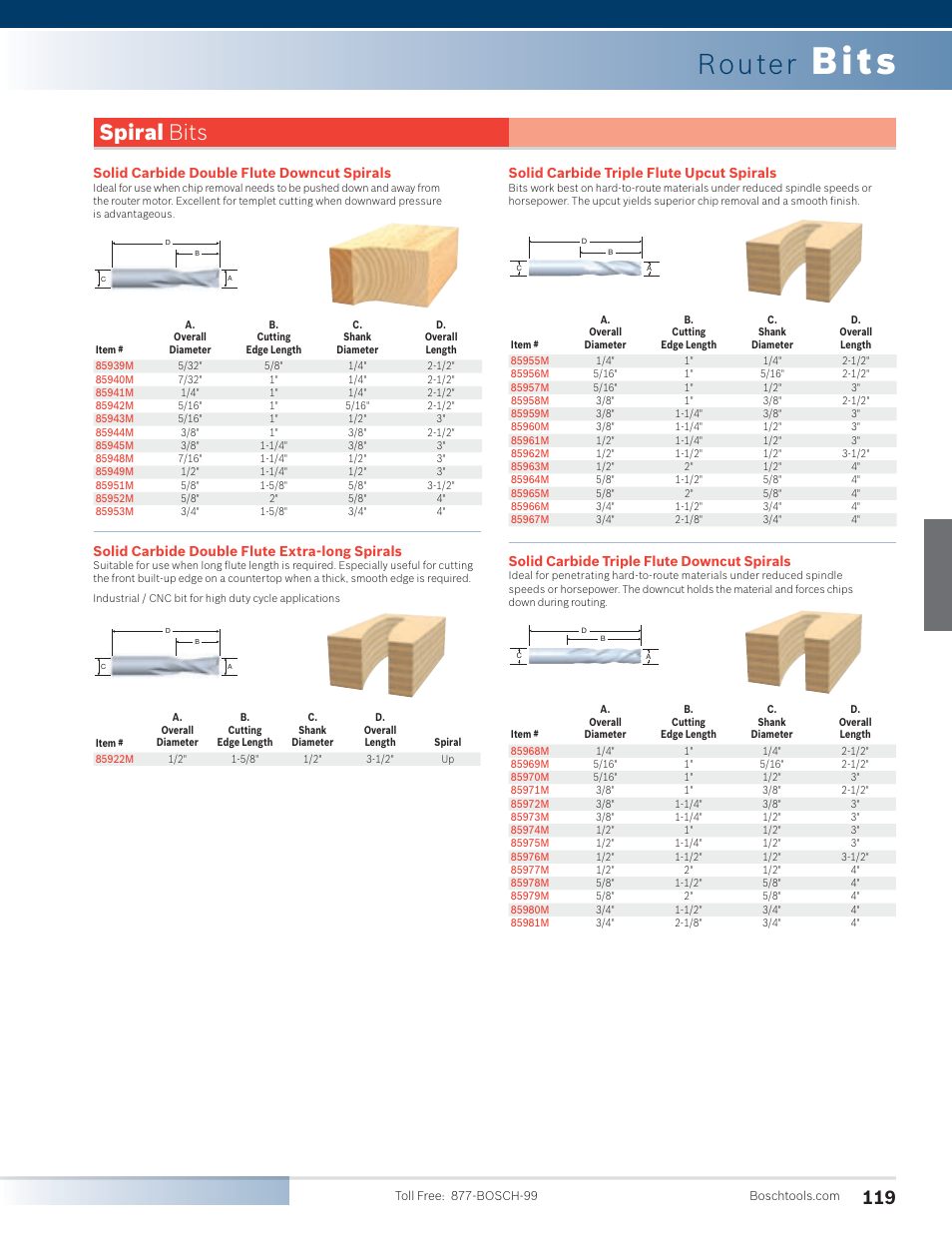 Bits, Router, Spiral bits | Solid carbide double flute downcut spirals, Solid carbide double flute extra-long spirals, Solid carbide triple flute upcut spirals, Solid carbide triple flute downcut spirals | Bosch PR20EVSK User Manual | Page 15 / 34