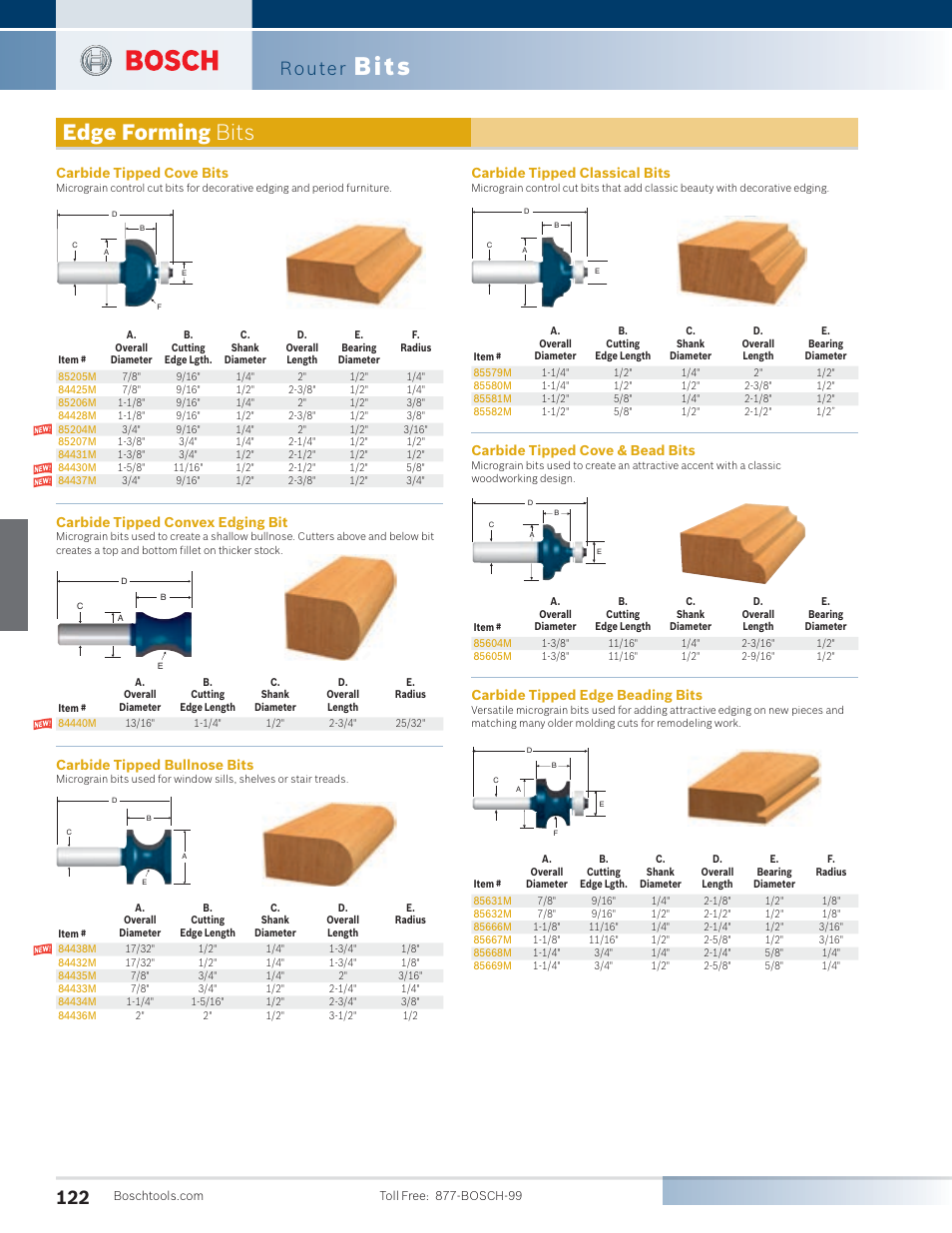 Bits, Edge forming bits, Router | Carbide tipped cove bits, Carbide tipped convex edging bit, Carbide tipped bullnose bits, Carbide tipped classical bits, Carbide tipped cove & bead bits, Carbide tipped edge beading bits | Bosch PR20EVSK User Manual | Page 18 / 34