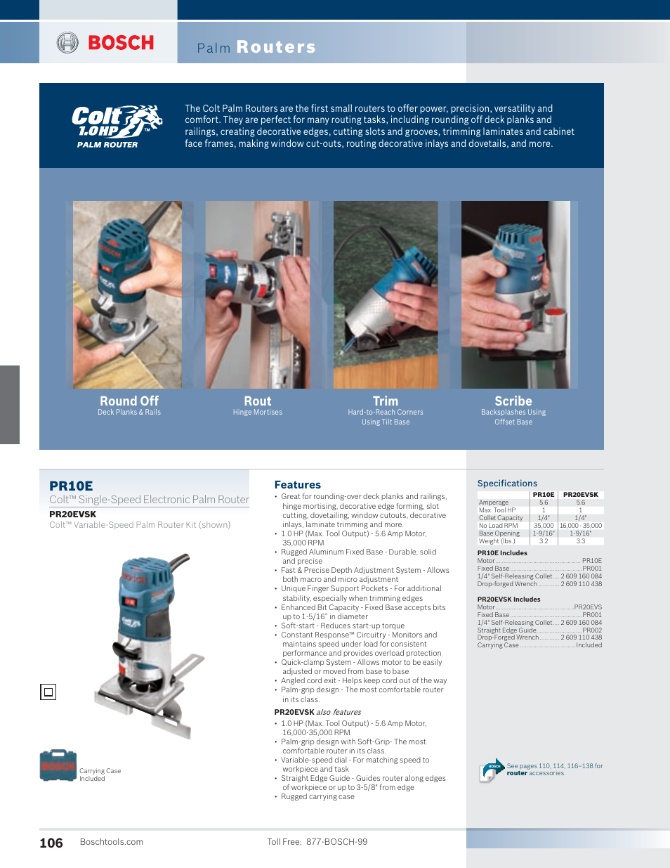 Routers, Palm, Pr10e | Rout, Round off, Trim, Scribe, Features, Colt™ single-speed electronic palm router | Bosch PR20EVSK User Manual | Page 2 / 34