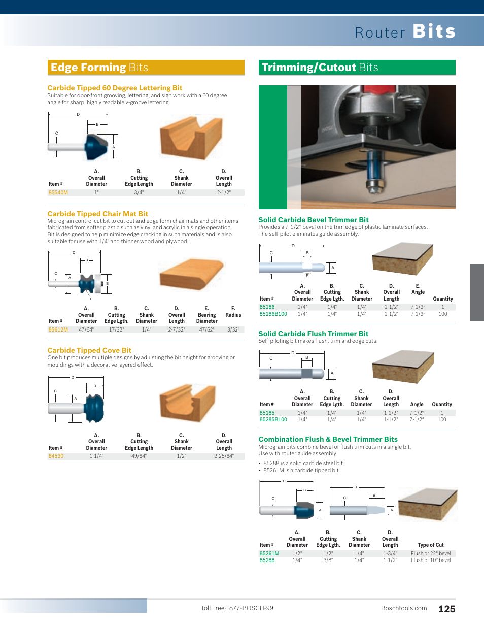 Bits, Router, Edge forming bits | Trimming/cutout bits, Carbide tipped 60 degree lettering bit, Carbide tipped chair mat bit, Carbide tipped cove bit, Solid carbide bevel trimmer bit, Solid carbide flush trimmer bit, Combination flush & bevel trimmer bits | Bosch PR20EVSK User Manual | Page 21 / 34