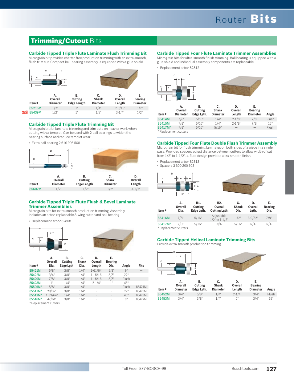 Bits, Router, Trimming/cutout bits | Carbide tipped triple flute trimming bit, Carbide tipped helical laminate trimming bits | Bosch PR20EVSK User Manual | Page 23 / 34