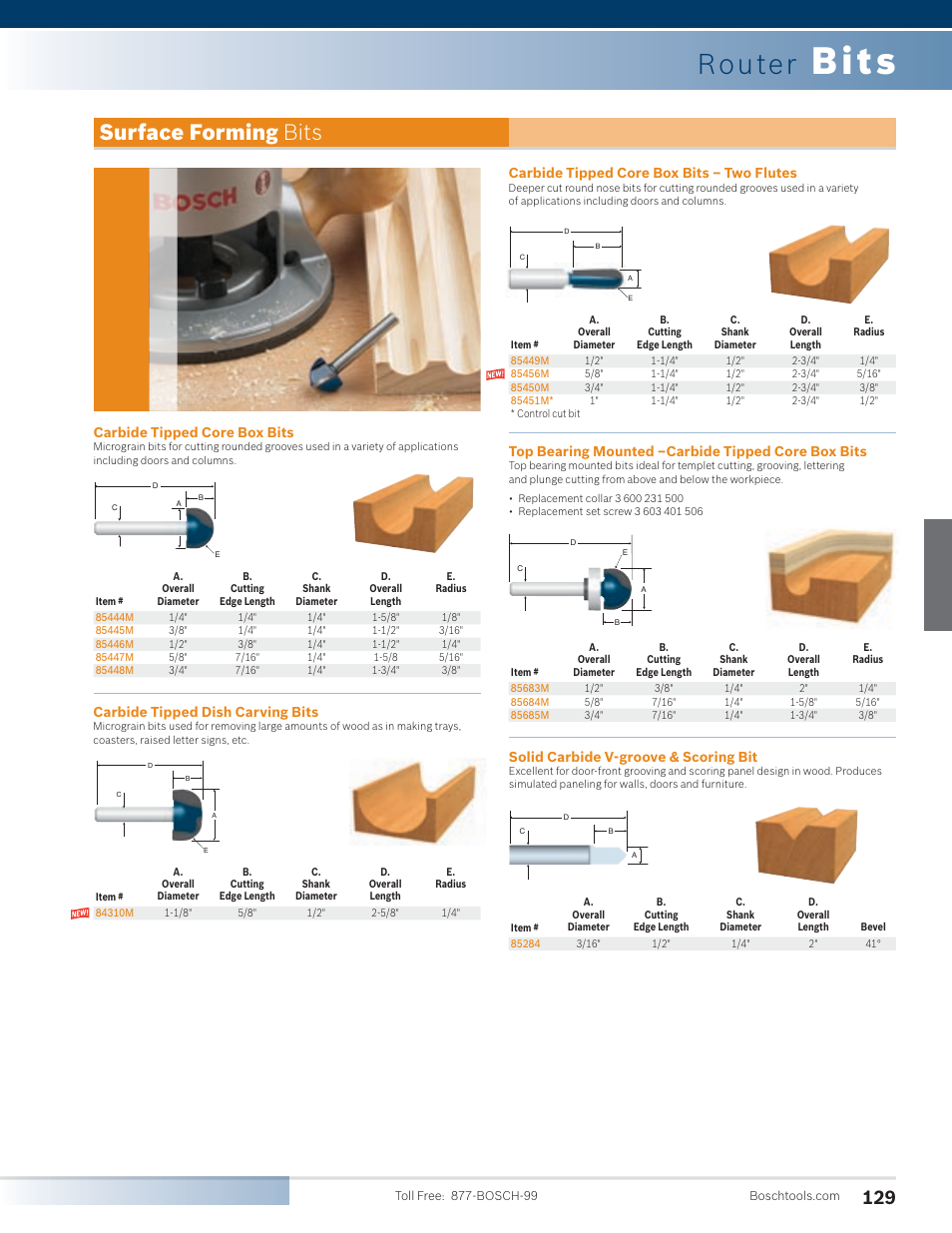 Bits, Router, Surface forming bits | Carbide tipped core box bits, Carbide tipped dish carving bits, Top bearing mounted –carbide tipped core box bits, Carbide tipped core box bits – two flutes, Solid carbide v-groove & scoring bit | Bosch PR20EVSK User Manual | Page 25 / 34
