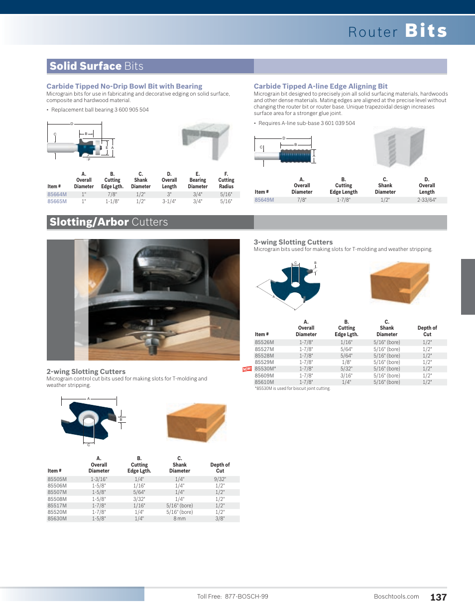 Bits, Router, Solid surface bits slotting/arbor cutters | Carbide tipped no-drip bowl bit with bearing, Wing slotting cutters, Carbide tipped a-line edge aligning bit | Bosch PR20EVSK User Manual | Page 33 / 34