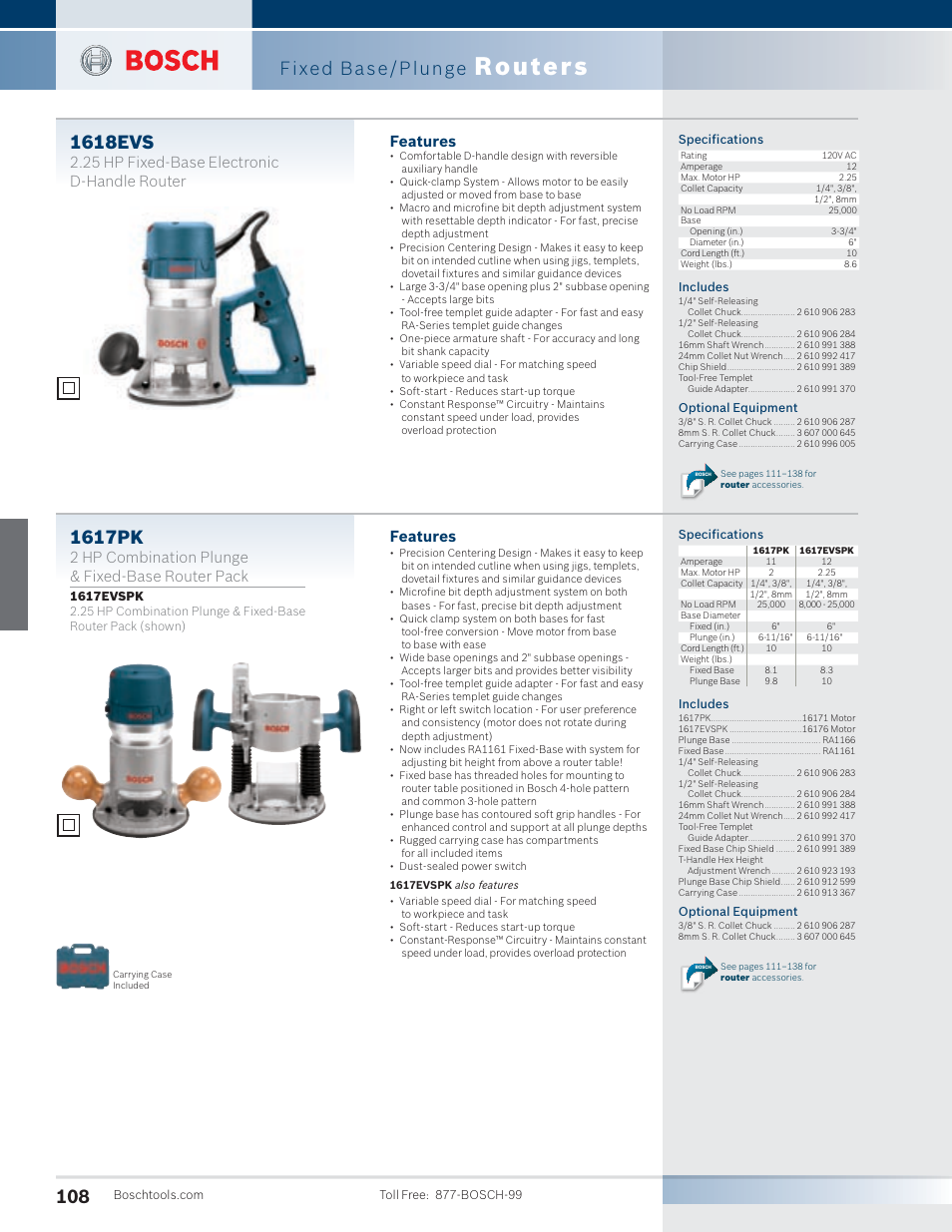 Routers, Fixed base/plunge, 1617pk | 1618evs, Features, 2 hp combination plunge & fixed-base router pack, 25 hp fixed-base electronic d-handle router | Bosch PR20EVSK User Manual | Page 4 / 34