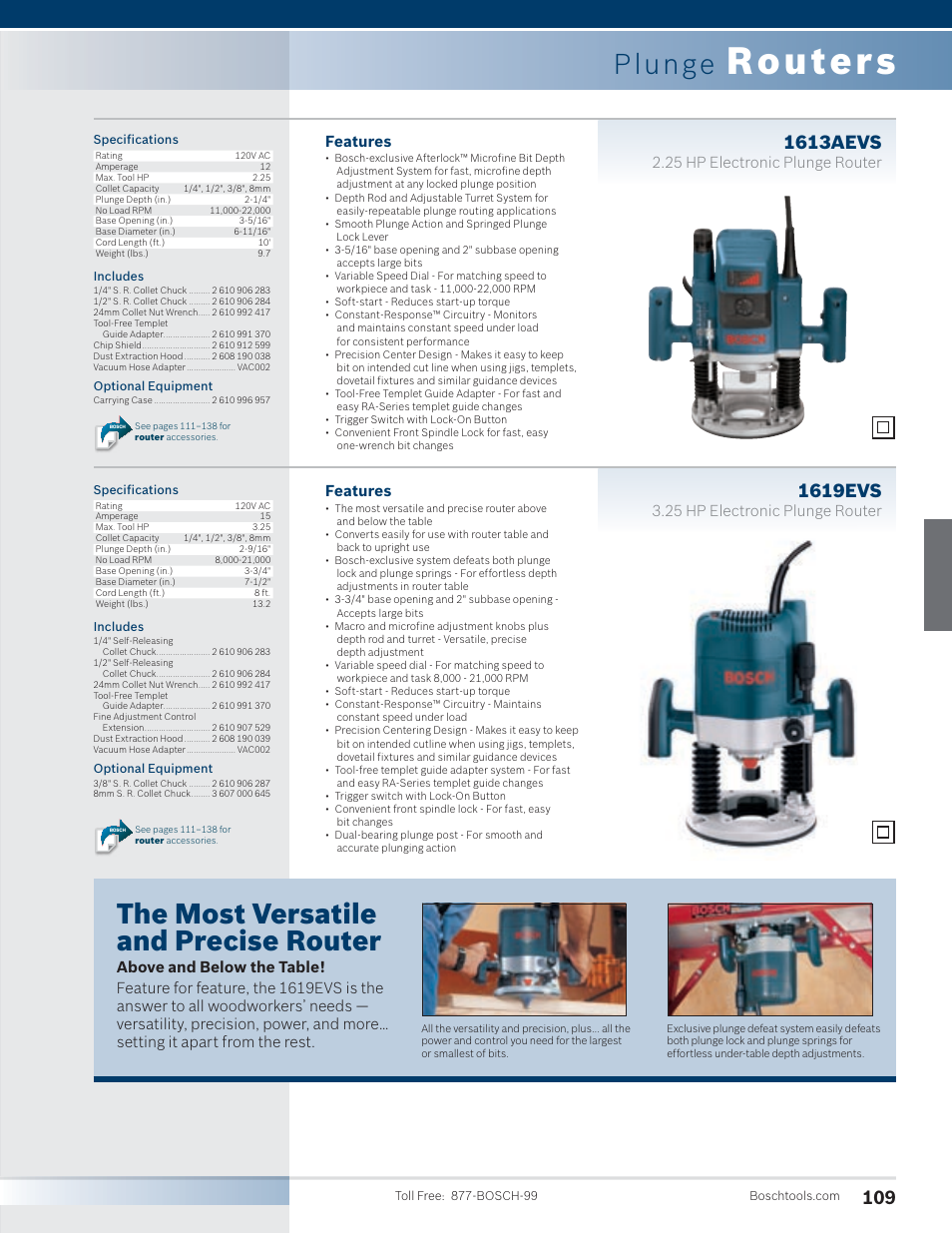Routers, Plunge, The most versatile and precise router | 1619evs, 1613aevs, Features, 25 hp electronic plunge router | Bosch PR20EVSK User Manual | Page 5 / 34