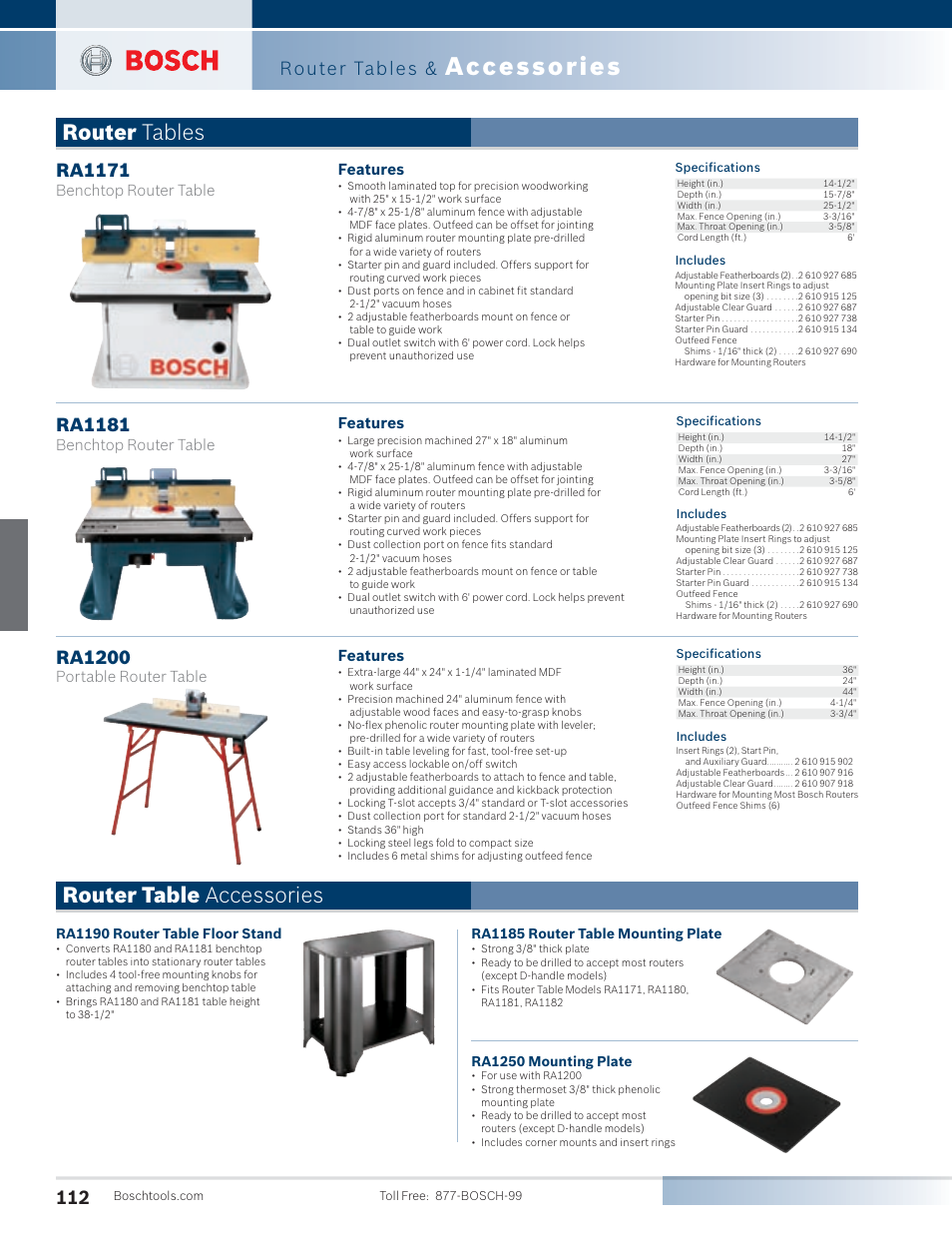 Accessories, Router tables, Router table accessories | Ra1171, Ra1181, Ra1200, Features, Benchtop router table features, Benchtop router table, Portable router table features | Bosch PR20EVSK User Manual | Page 8 / 34