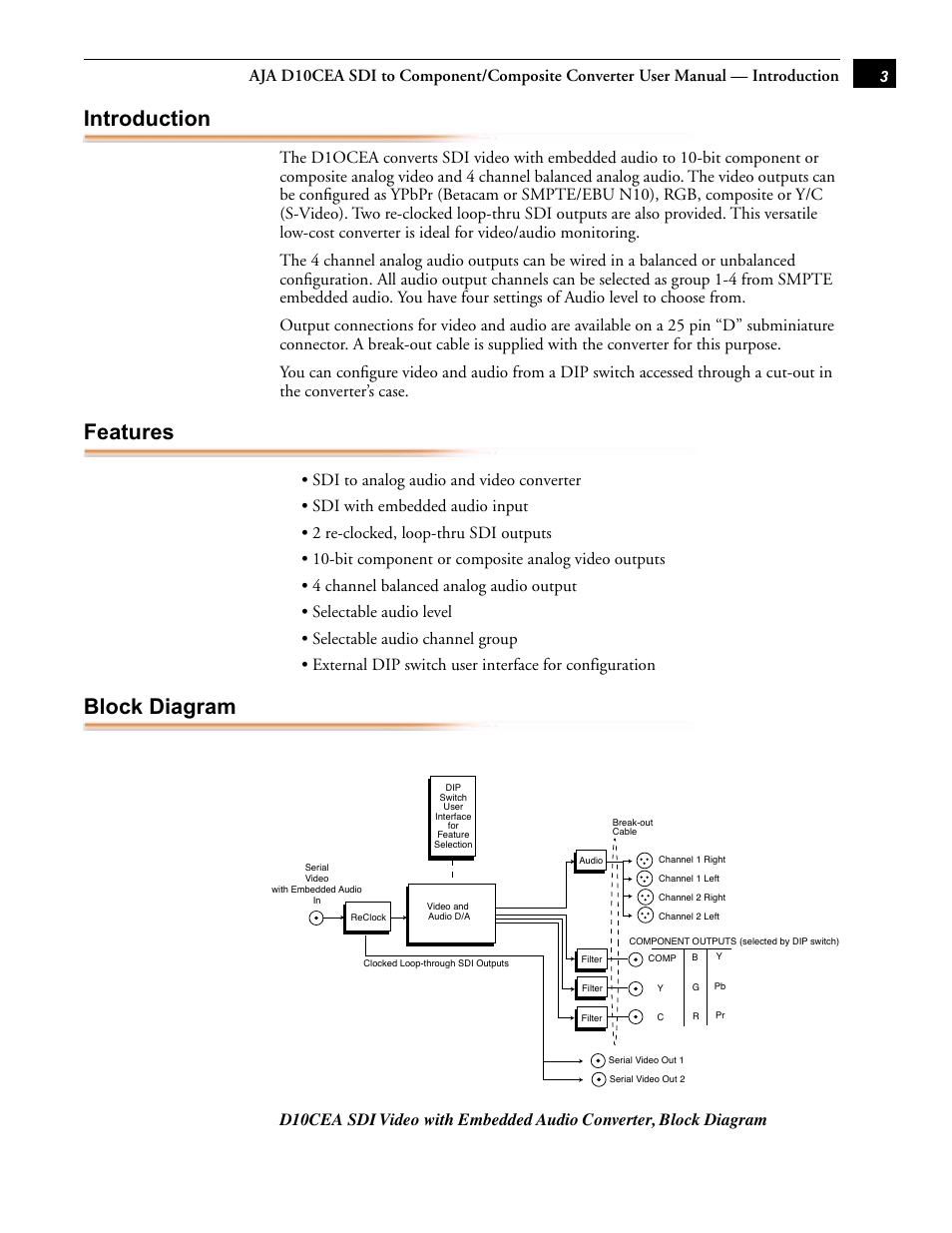 Introduction, Features, Block diagram | AJA D10CEA User Manual | Page 3 / 8