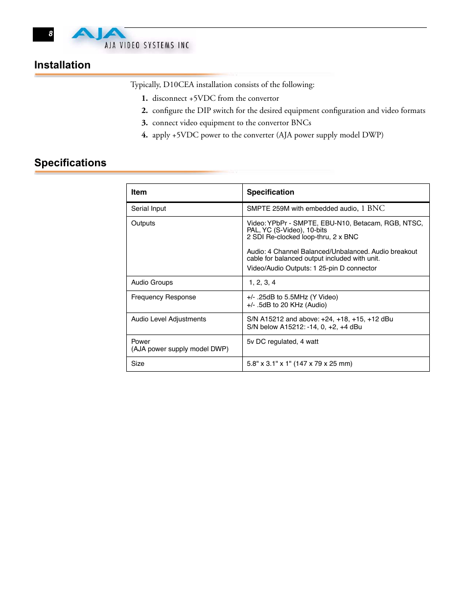 Installation, Specifications | AJA D10CEA User Manual | Page 8 / 8