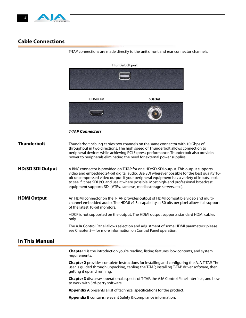 Cable connections, Thunderbolt hd/sd sdi output hdmi output, In this manual | AJA T-TAP User Manual | Page 10 / 43