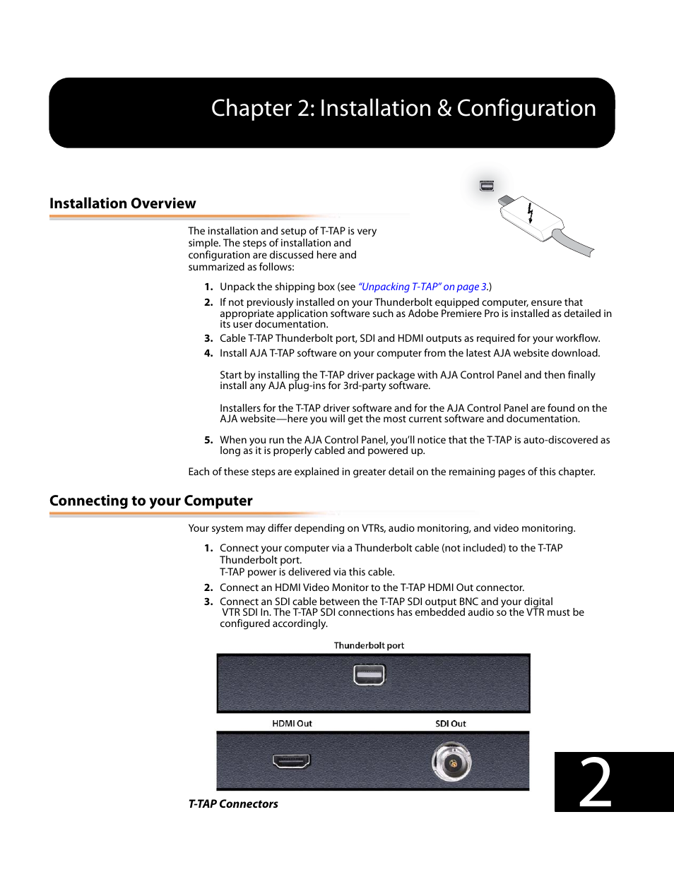 Installation overview connecting to your computer, Chapter 2: installation & configuration | AJA T-TAP User Manual | Page 11 / 43
