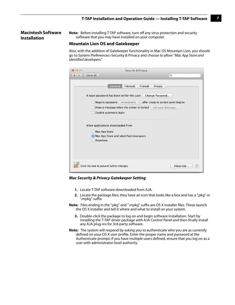 Macintosh software installation | AJA T-TAP User Manual | Page 13 / 43