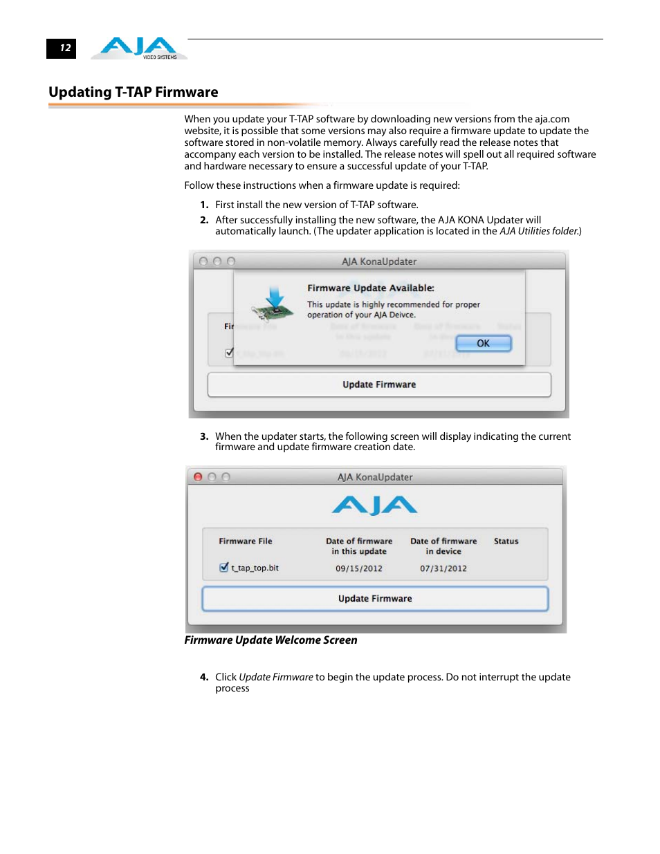 Updating t-tap firmware | AJA T-TAP User Manual | Page 18 / 43
