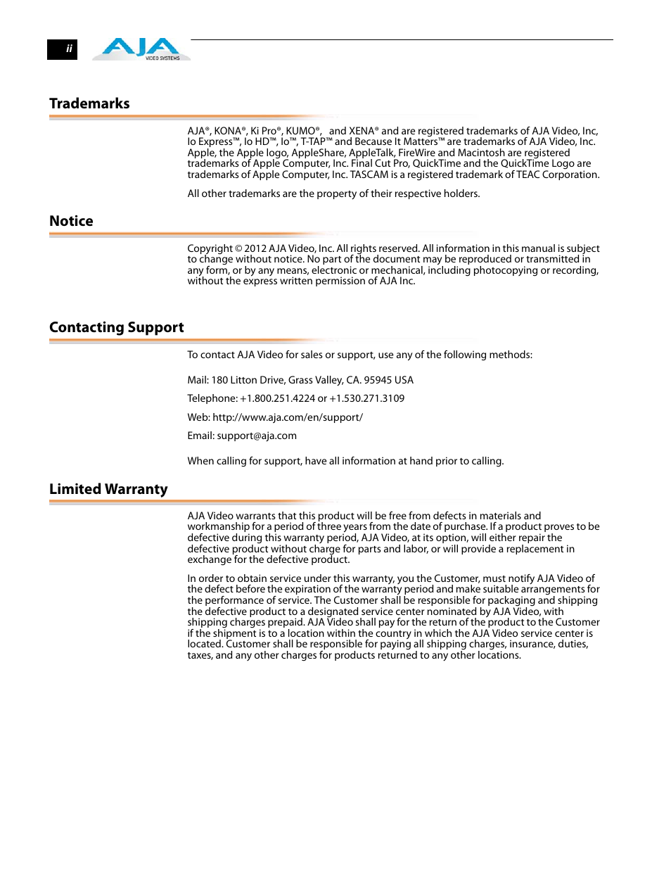 Trademarks, Notice, Contacting support | Limited warranty | AJA T-TAP User Manual | Page 2 / 43