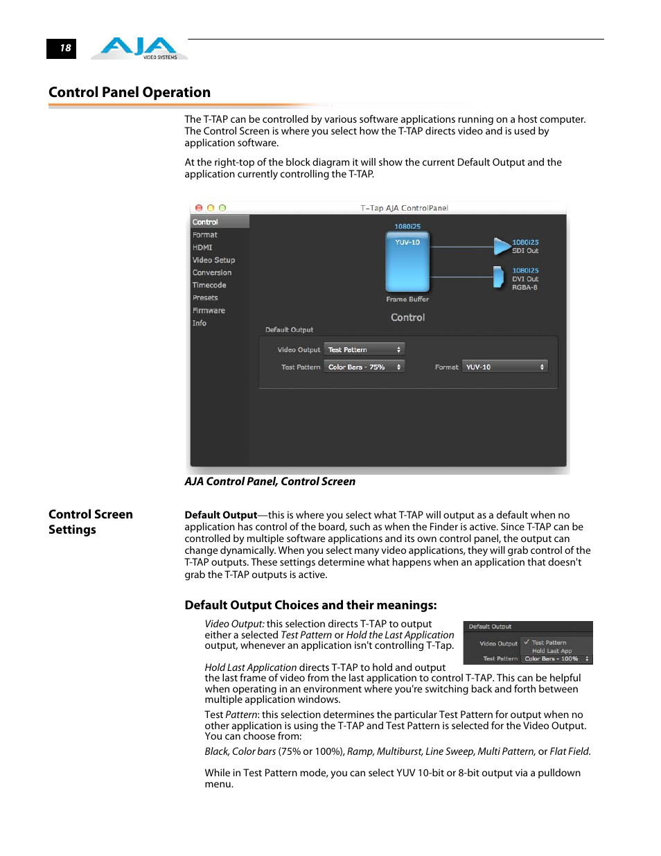 Control panel operation, Control screen settings | AJA T-TAP User Manual | Page 24 / 43
