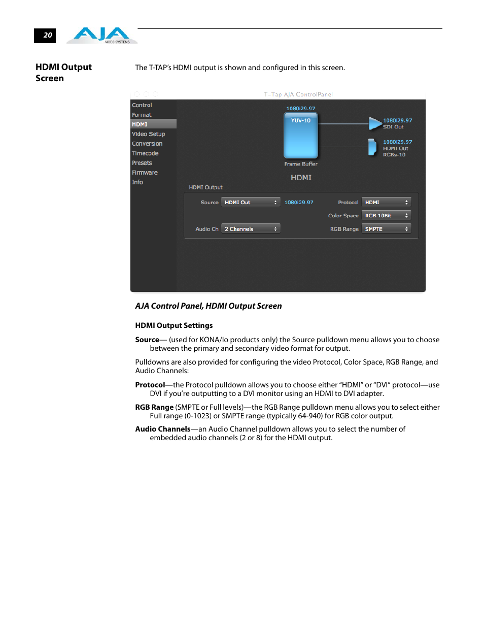 Hdmi output screen | AJA T-TAP User Manual | Page 26 / 43