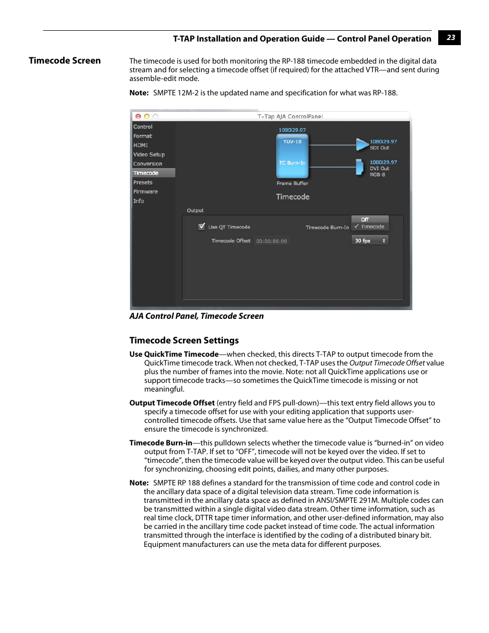 Timecode screen | AJA T-TAP User Manual | Page 29 / 43
