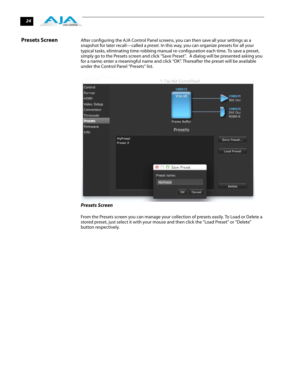 Presets screen | AJA T-TAP User Manual | Page 30 / 43