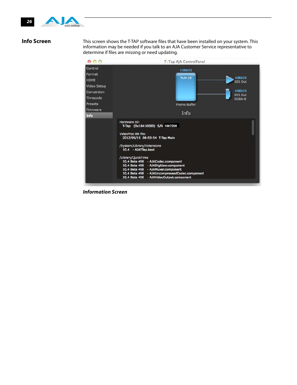Info screen | AJA T-TAP User Manual | Page 32 / 43