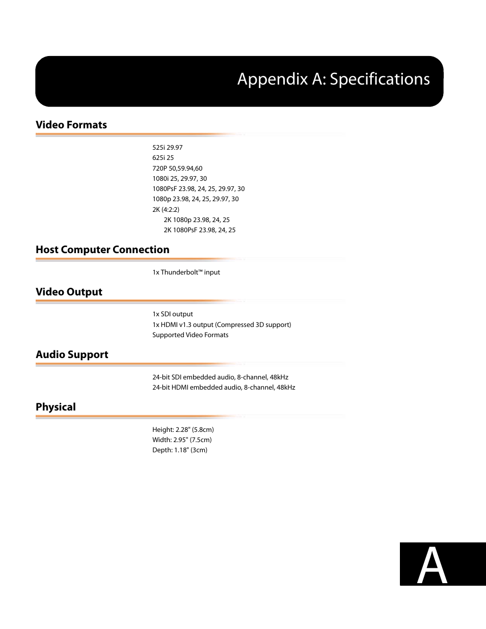 Appendix a: specifications | AJA T-TAP User Manual | Page 33 / 43