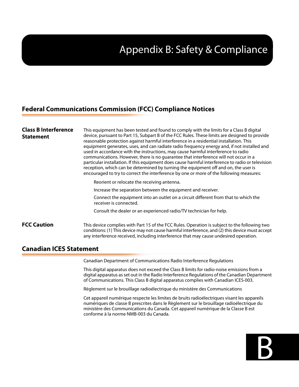 Class b interference statement fcc caution, Canadian ices statement, Appendix b: safety & compliance | AJA T-TAP User Manual | Page 35 / 43